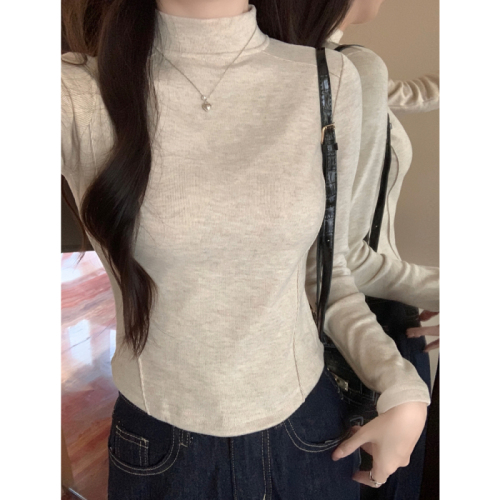 Actual shot of velvet half-turtle collar, stand-up collar, long-sleeved T-shirt for women, winter herringbone line outer wear, warm base layer underneath