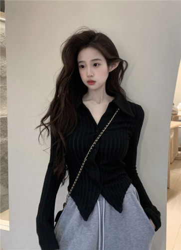 Real shot ~ hot girl V-neck design long-sleeved polo neck sweater women's brushed slim fit top