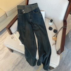 Designed embroidery cross irregular waist high waist straight loose slim denim trousers women's floor mopping pants