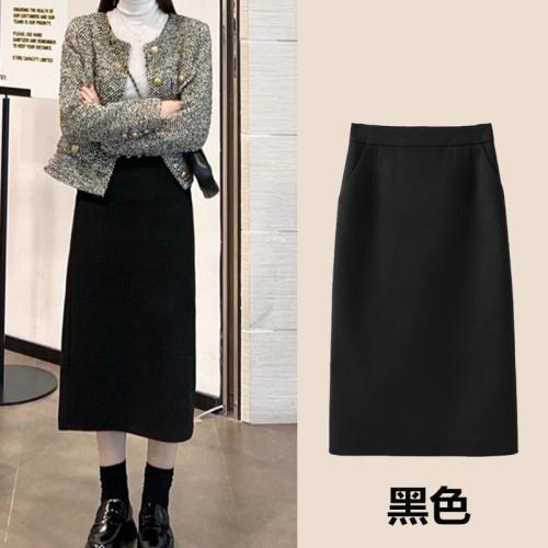 Autumn and winter woolen A-line high-waisted slim and versatile hip-hugging black half-body hip-hugging skirt long skirt mid-length skirt