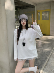 Real shot Korean style round neck white long-sleeved brushed T-shirt with lace splicing mid-length bottoming shirt