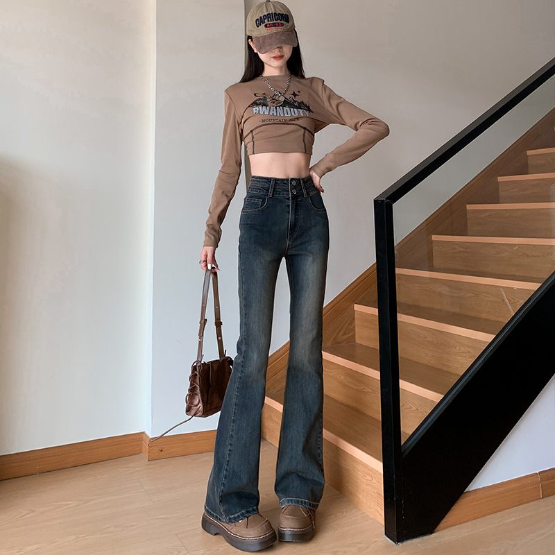 Autumn and winter cement gray plus velvet micro-flare jeans for women, high-waisted, loose, slimming, stretch straight pants