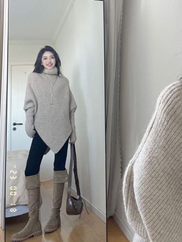 Irregular turtleneck sweater for women in autumn and winter new style gentle Korean style lazy style thickened knitted top