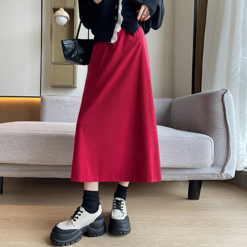 Real shot of autumn and winter trendy Korean style temperament corduroy large skirt high waist pressed wrinkled A-line skirt over the knee long skirt for women