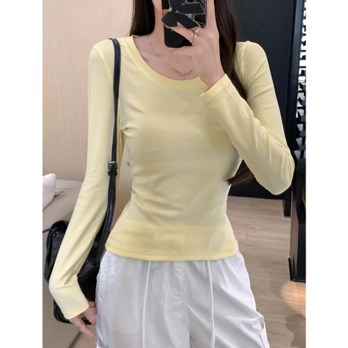 Actual shot of 40 count pure cotton 92 cotton/8 spandex U-neck long-sleeved women's T-shirt summer right shoulder slim fit large neckline