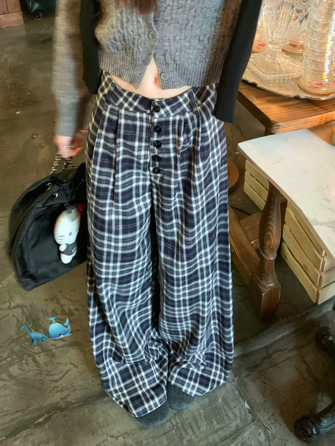 Actual shot of new retro thickened wool plaid wide-leg pants, versatile brushed high-waisted casual straight pants