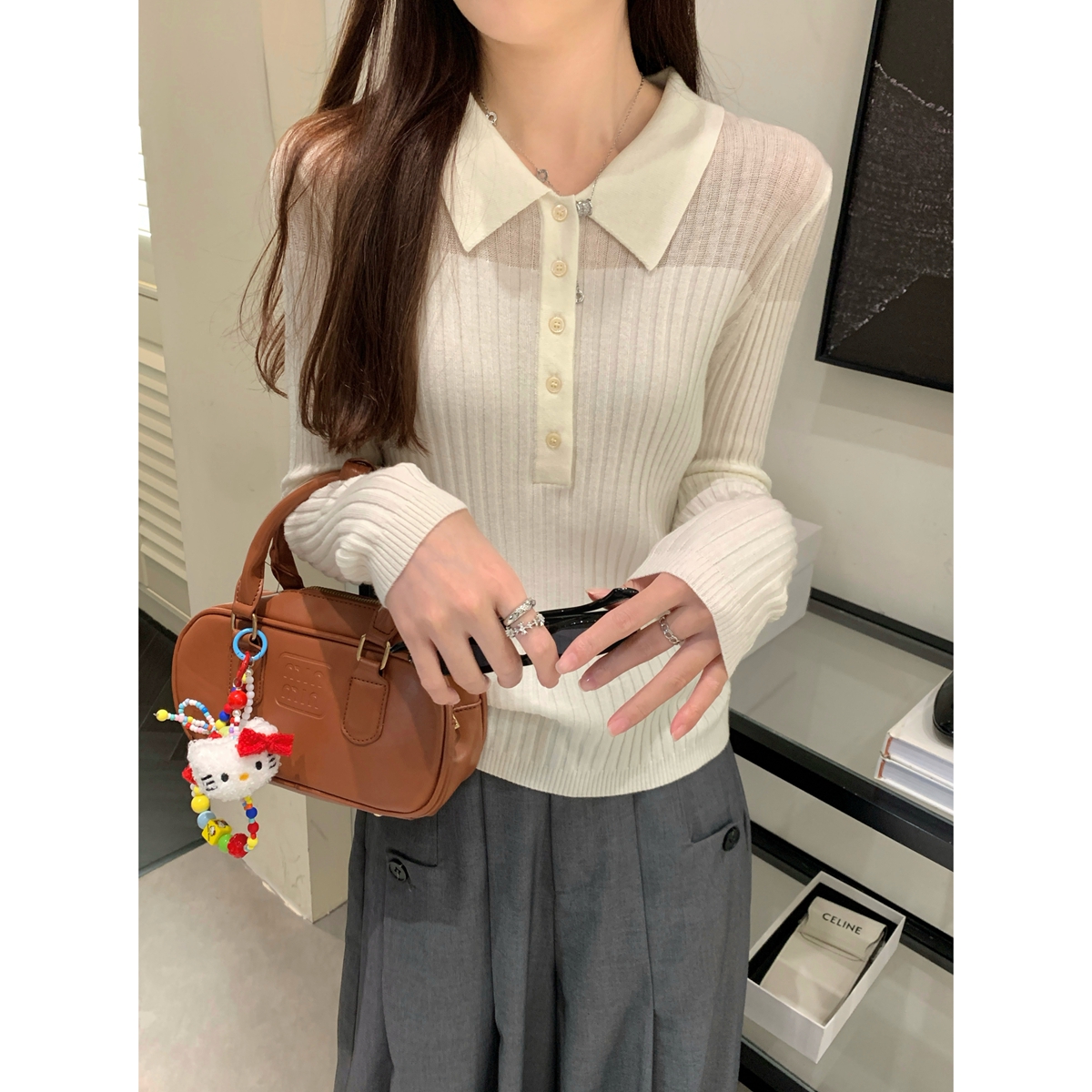 Real shot of autumn and winter Korean style temperament polo collar see-through design 6 wool sweater bottoming long-sleeved sweater