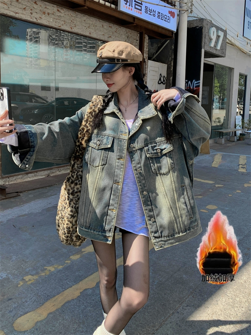 Photographed~ Fleece-lined and thick fashionable loose women's street retro high-end American racing denim jacket women