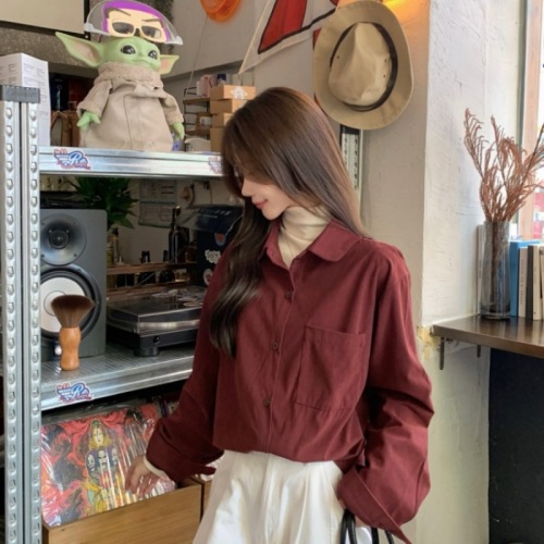 Real shot!  Korean style long-sleeved inner doll collar shirt, versatile casual loose corduroy top for autumn and winter