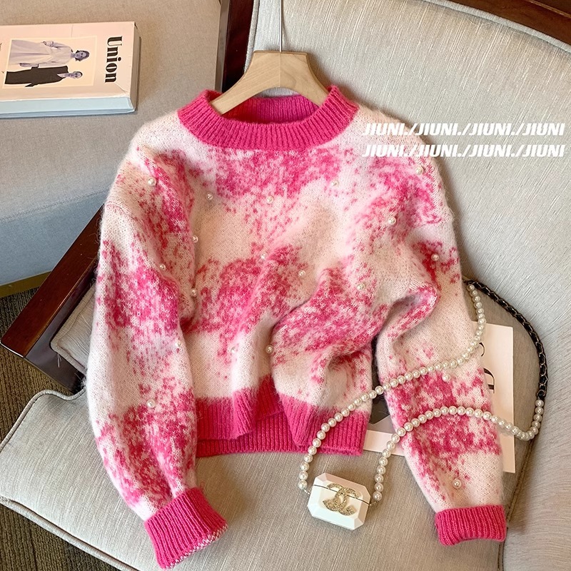 Lazy style contrasting tie-dyed pearl mohair sweater for women in autumn and winter new style sweet and soft base