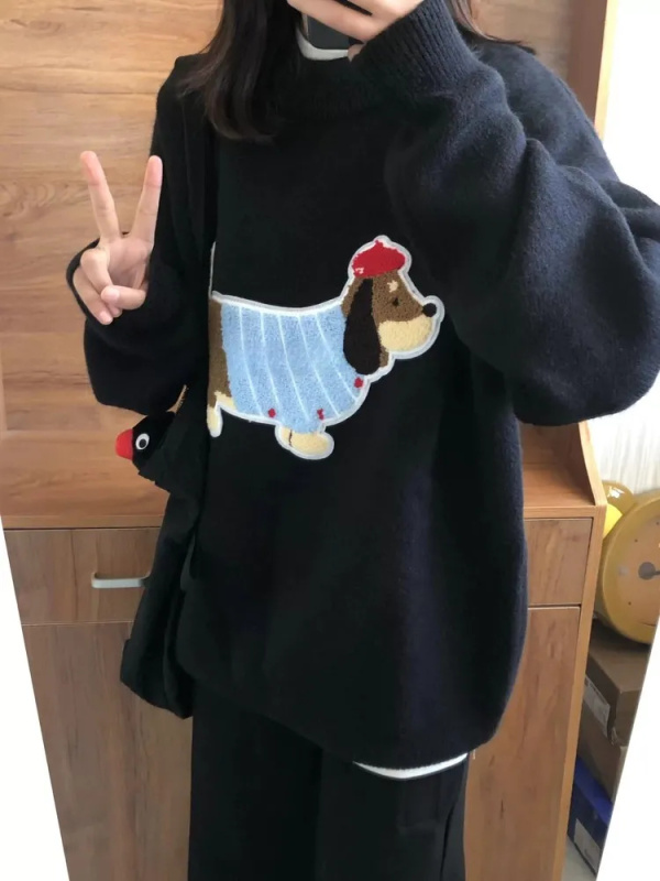 Cute puppy embroidered lazy sweater for women 2024 autumn and winter round neck trendy brand gentle and high-end knitted sweater top