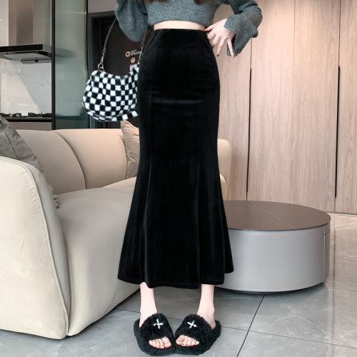 Simple niche high-waist one-step skirt Solid color suede warm hip-covering fishtail skirt