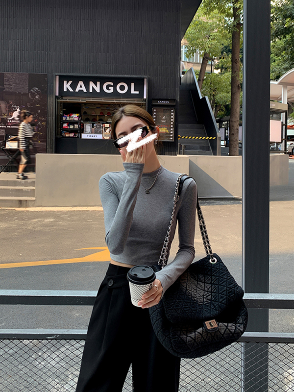 Black high-waisted short bottoming shirt t-shirt autumn Korean style slim and versatile inner long-sleeved top