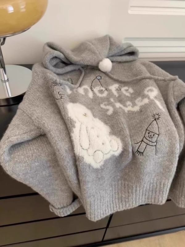 Lazy style gray cartoon hooded sweater women's coat autumn and winter new Korean style loose thickened knitted inner sweatshirt