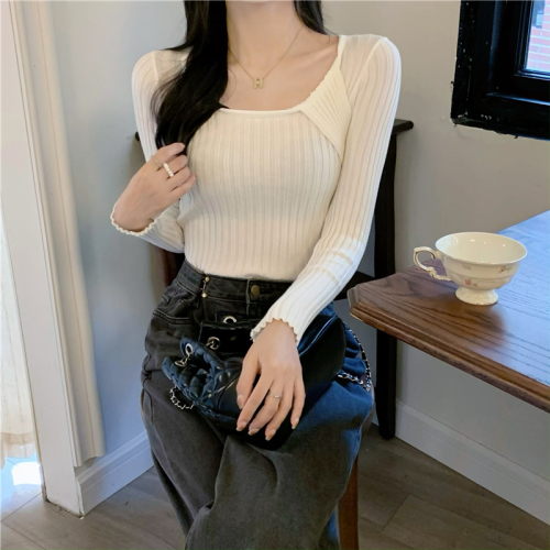 Actual shot, chic and spliced ​​pit strips, slim fit, square neck, long-sleeved knitted inner T-shirt top for women