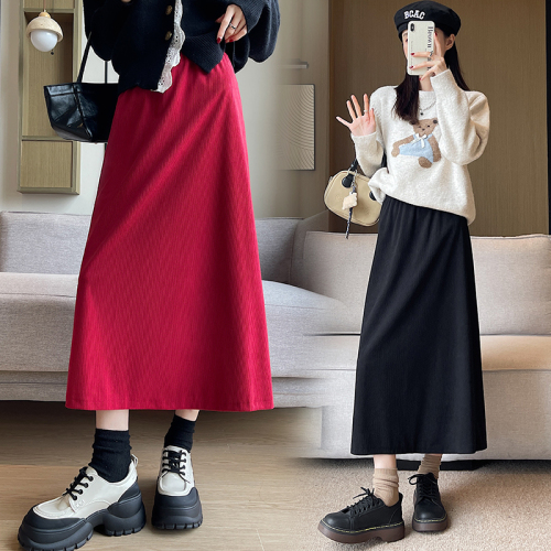 Real shot of autumn and winter trendy Korean style temperament corduroy large skirt high waist pressed wrinkled A-line skirt over the knee long skirt for women