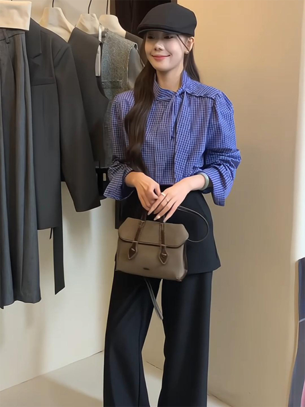 French-style commuting high-end plaid long-sleeved shirt for women in spring and autumn niche design loose lace-up top