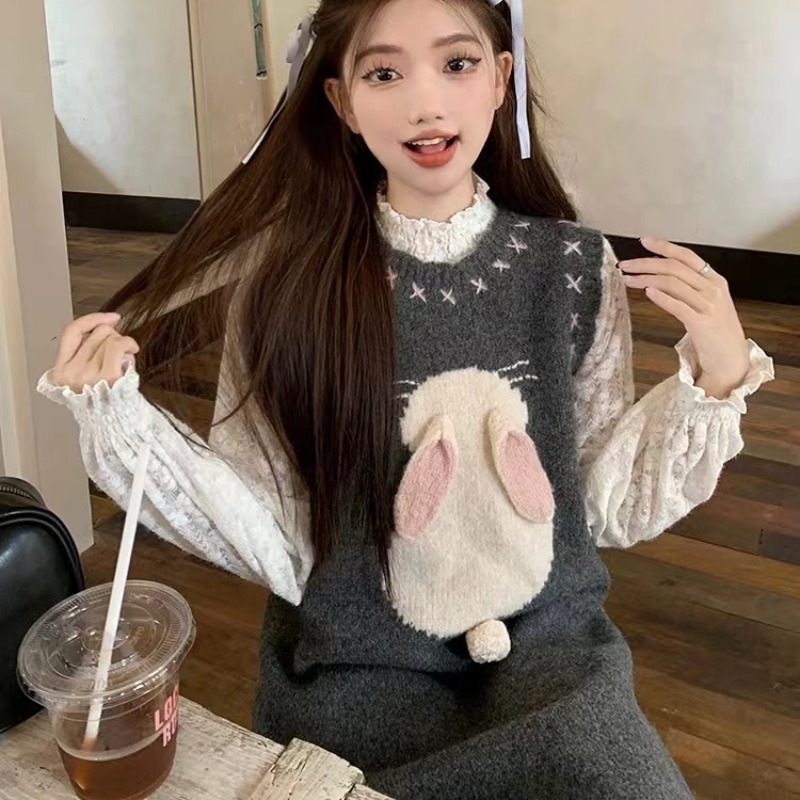 Women's Autumn/Winter Loose Hiding Suit with 3D Rabbit V-Neck Blouse Dress, Sleeveless Fleece Skirt, Layering Casual Outfit