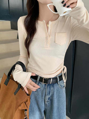 Long-sleeved women's 2024 autumn drawstring tops with design half open collar slim fit bottoming shirt