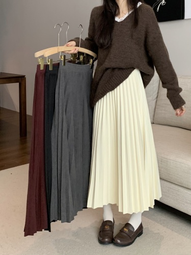 Actual shot~thick woolen material elastic waist pleated skirt skirt mid-length skirt