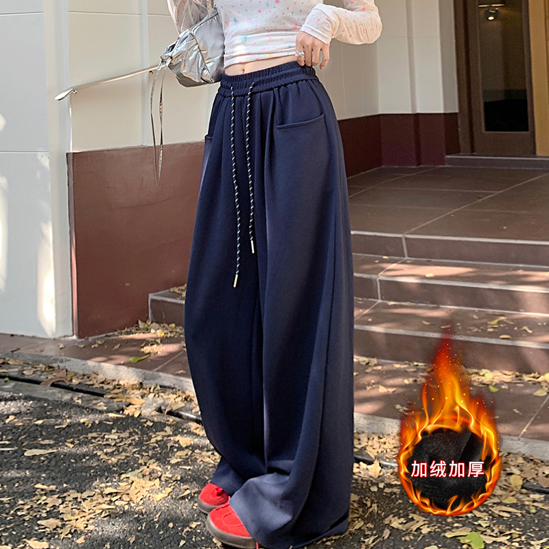 Real shot of velvet and thickened gray casual pants for autumn and winter, women's high-waisted straight pants, wide-leg pants, drapey floor-length pants