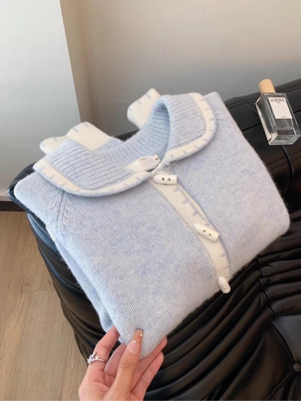 Gentle style blue horn button knitted cardigan for women new super nice niche sweater