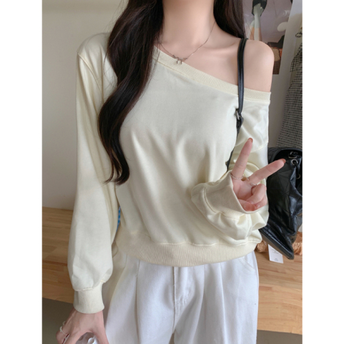 Real shot Chinese cotton composite discreet dating side off-shoulder loose sweatshirt for women solid color