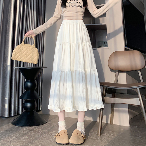 New high-waisted slim white skirt long skirt mid-length a-line ruffle cake skirt