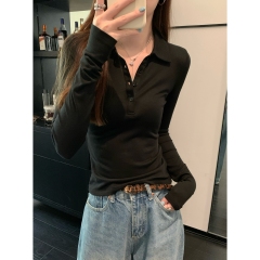 Actual shot of autumn and winter Korean style slim fit polo collar button lyocell tencel long sleeve inner T-shirt top