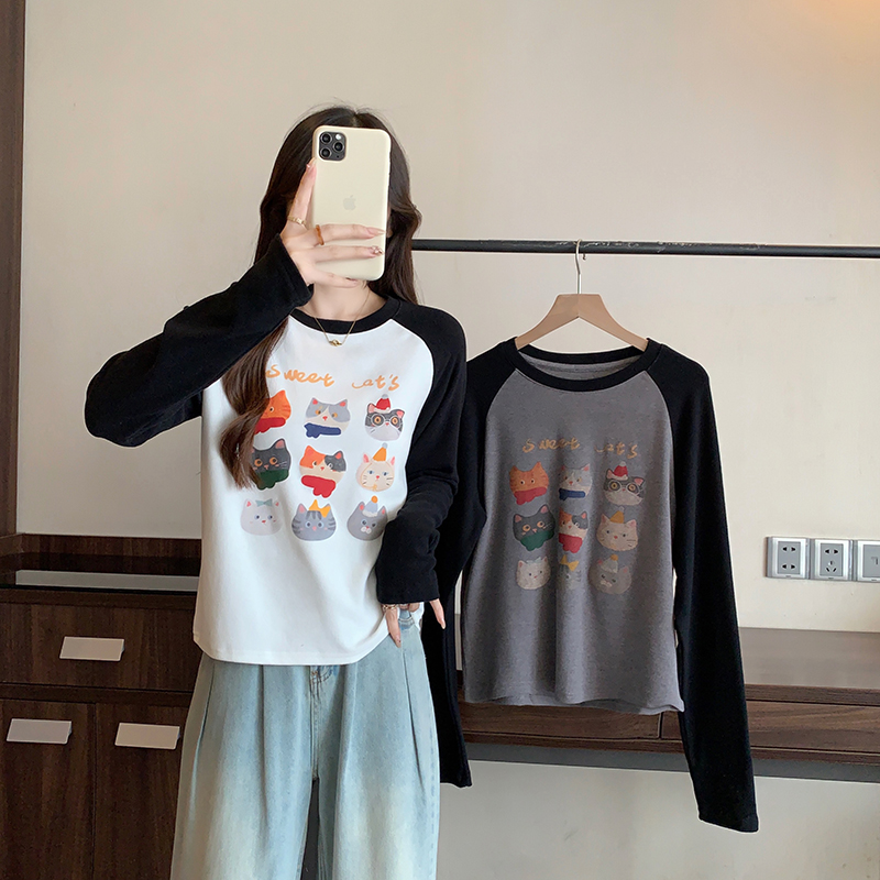 Real shot of 2024 autumn and winter new fat mm plus size women's letter cat print inner bottoming T-shirt