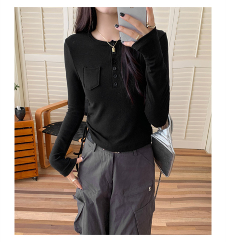 Long-sleeved women's 2024 autumn drawstring tops with design half open collar slim fit bottoming shirt