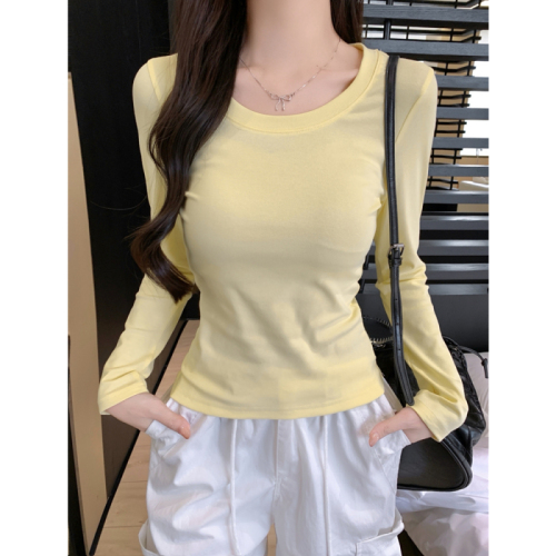 Actual shot of 40 count pure cotton 92 cotton/8 spandex U-neck long-sleeved women's T-shirt summer right shoulder slim fit large neckline