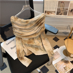 Tie-dye pleated one-shoulder long-sleeved women's autumn new hot girl mesh slim slim irregular top trendy