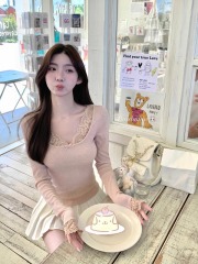 Pure Desire Rabbit Lace T-shirt Women's Slim Fit and Slim Temperament Early Autumn Chic Top