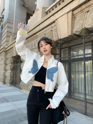 Early autumn niche butterfly embroidered reflective strip short jacket slim American hot girl niche right shoulder slim jacket