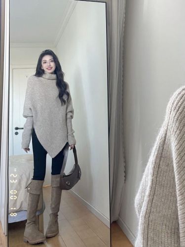 Irregular turtleneck sweater for women in autumn and winter new style gentle Korean style lazy style thickened knitted top