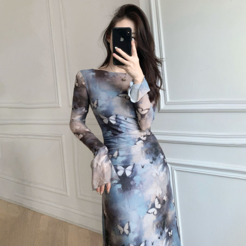 Cool ink butterfly print long-sleeved dress for women 2024 new autumn and winter temperament slim mesh mid-length skirt