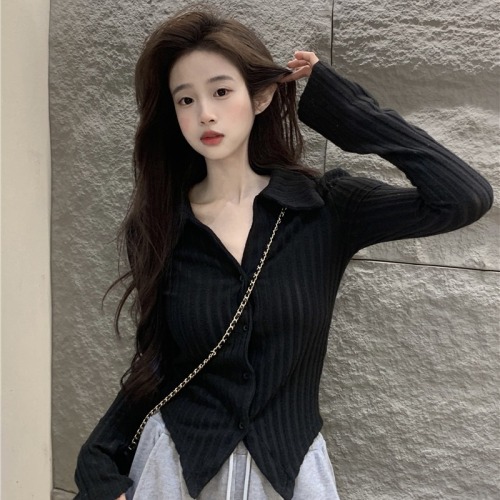 Real shot ~ hot girl V-neck design long-sleeved polo neck sweater women's brushed slim fit top