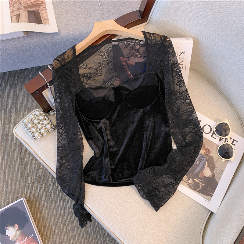 Pure Desire Hot Girl Lace Spliced ​​Square Neck Velvet Bottoming Top with Chic and Unique Design Top