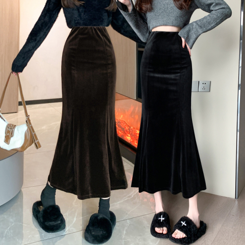 Simple niche high-waist one-step skirt Solid color suede warm hip-covering fishtail skirt