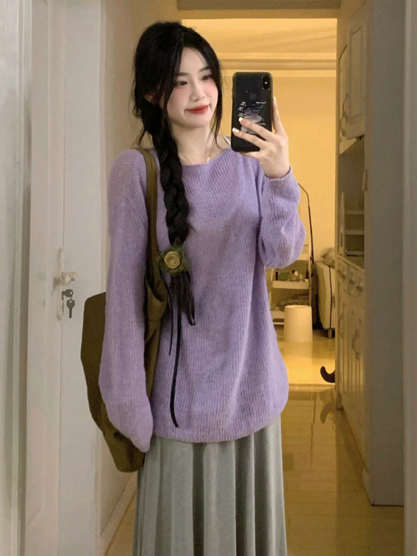 Purple long-sleeved thin loose knit sweater round neck pullover women's Korean casual top