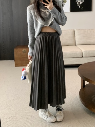 Actual shot~thick woolen material elastic waist pleated skirt skirt mid-length skirt