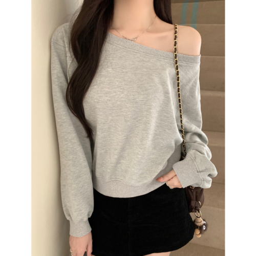 Real shot Chinese cotton composite discreet dating side off-shoulder loose sweatshirt for women solid color