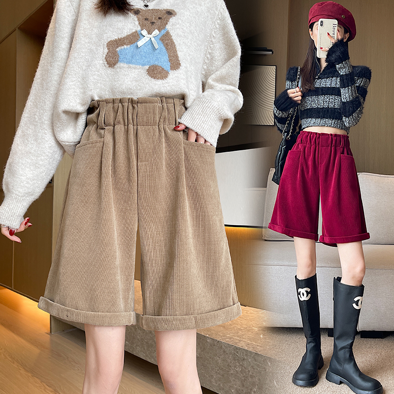Photographed College Style Slim Casual Shorts 2024 Autumn/Winter Turn-up A-line Corduroy Outerwear Boot Pants with Turn-up Bottoms