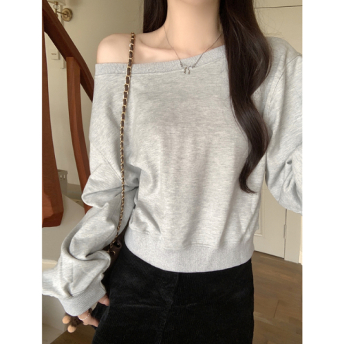 Real shot Chinese cotton composite discreet dating side off-shoulder loose sweatshirt for women solid color