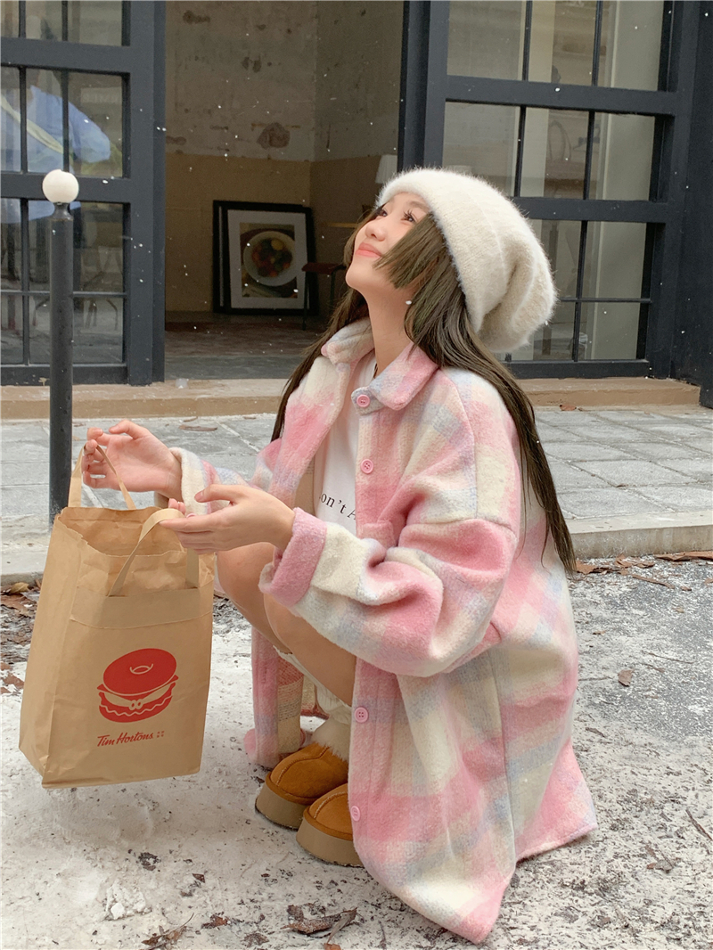 Actual shot of new autumn and winter pink woolen plaid jacket