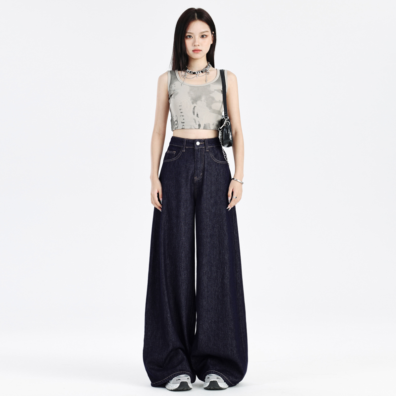 Dark blue primary color thickened American wide-leg jeans for women in autumn and winter plus velvet high-waisted slim straight pants