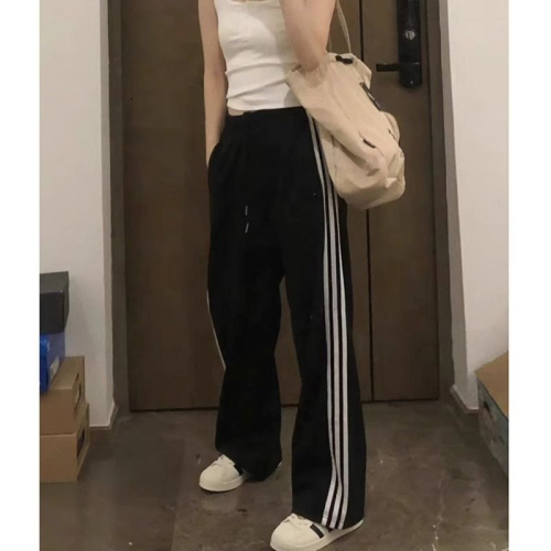 White and gray striped sweatpants for women spring and autumn 2024 new small wide-leg straight pants casual loose sports pants