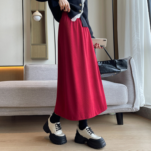 Real shot of autumn and winter trendy Korean style temperament corduroy large skirt high waist pressed wrinkled A-line skirt over the knee long skirt for women