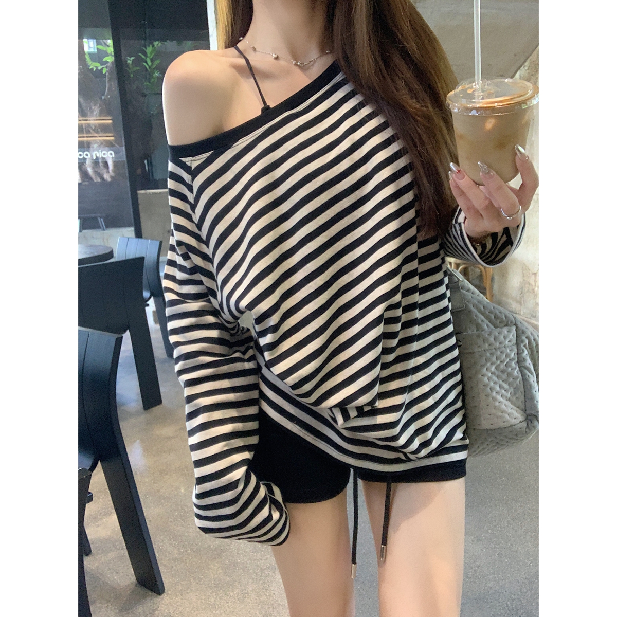 Actual shot of autumn and winter Korean style loose striped raglan one-line collar pure cotton inner long-sleeved T-shirt top for women